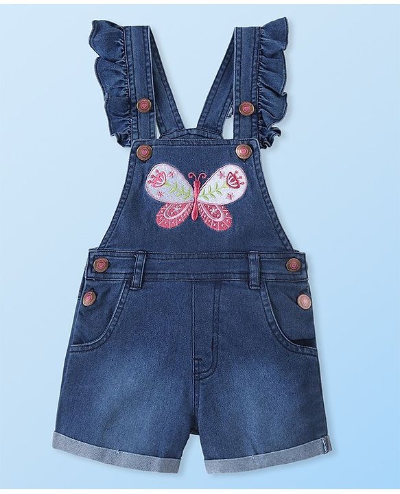 Babyhug Single Jersey Woven Half Sleeves T-Shirt  & Denim Butterfly Print & Embroidery - White & Blue