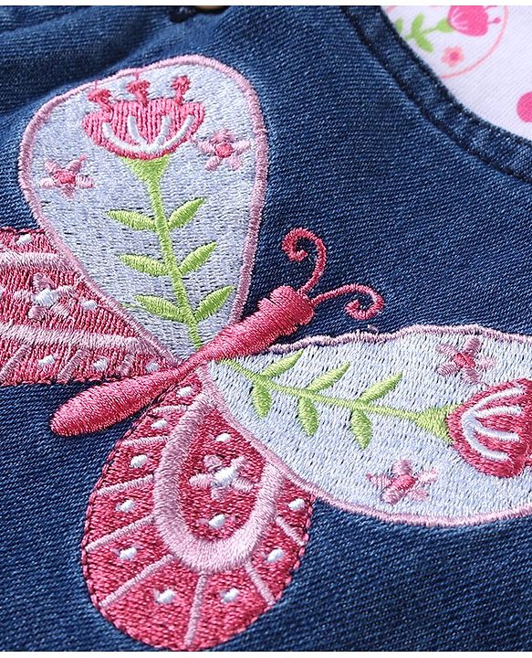 Babyhug Single Jersey Woven Half Sleeves T-Shirt  & Denim Butterfly Print & Embroidery - White & Blue