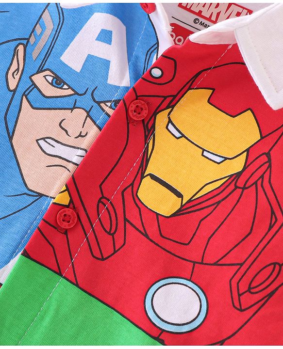 Babyhug Marvel Cotton Knit Half Sleeves Regular Collar Avengers Printed Shirt - Multicolour