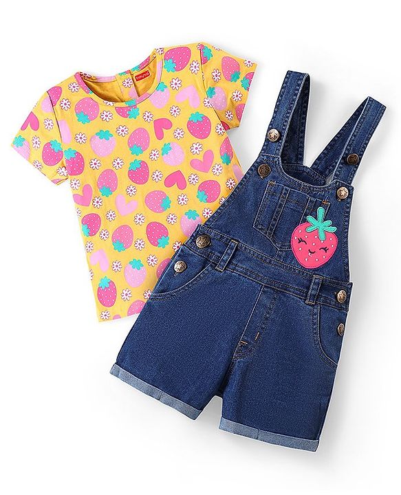 Babyhug Cotton Woven Dungaree with Half Sleeves Inner Tee Fruity Print - Multicolour