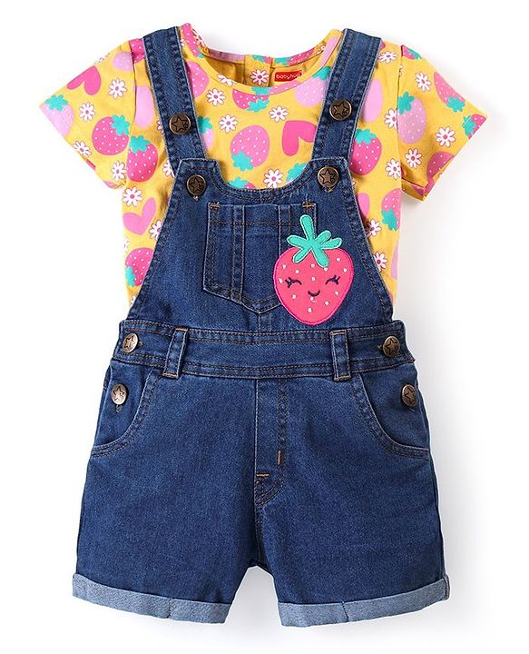 Babyhug Cotton Woven Dungaree with Half Sleeves Inner Tee Fruity Print - Multicolour