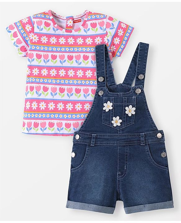 Babyhug Single Jersey Woven Half Sleeves T-Shirt & Denim Floral Print & Embroidery - Multicolor