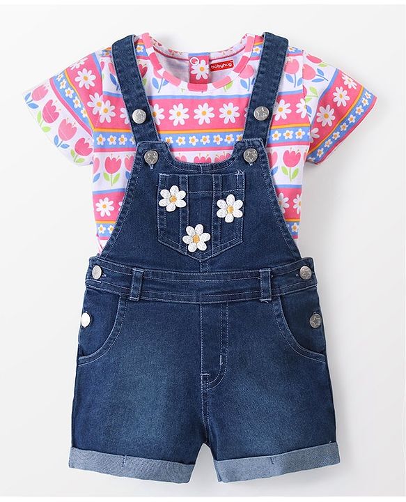 Babyhug Single Jersey Woven Half Sleeves T-Shirt & Denim Floral Print & Embroidery - Multicolor
