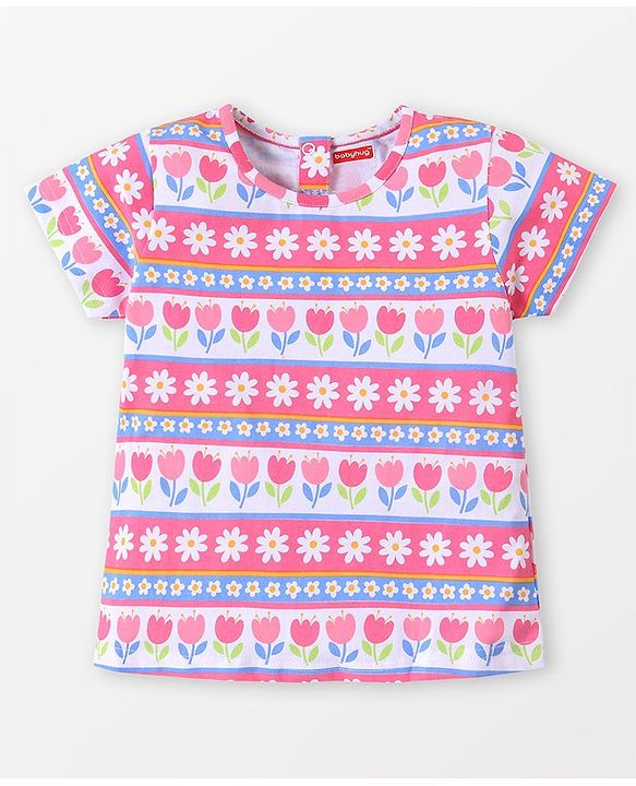 Babyhug Single Jersey Woven Half Sleeves T-Shirt & Denim Floral Print & Embroidery - Multicolor