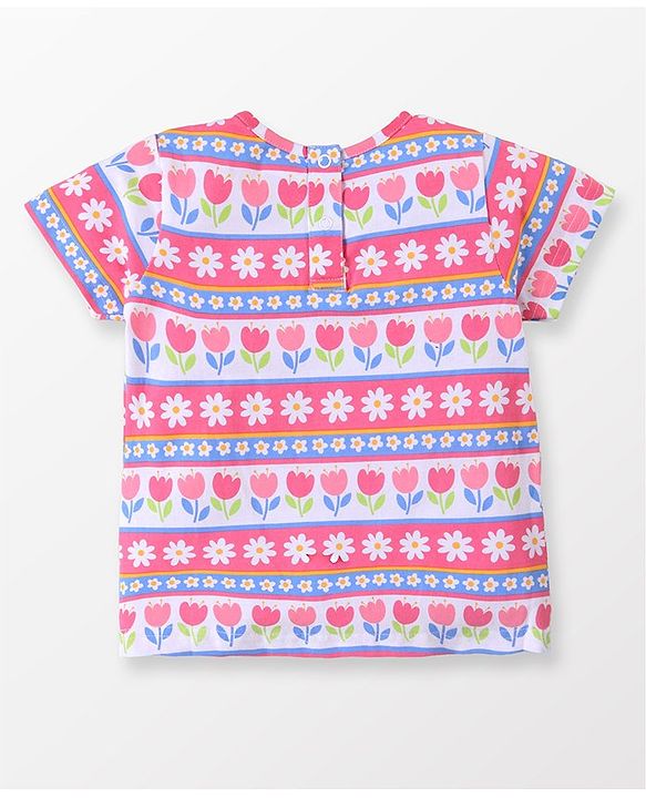 Babyhug Single Jersey Woven Half Sleeves T-Shirt & Denim Floral Print & Embroidery - Multicolor