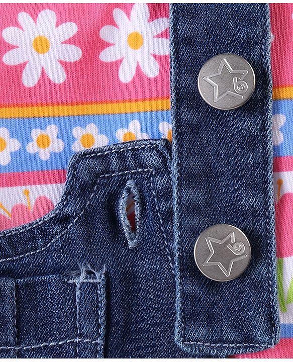 Babyhug Single Jersey Woven Half Sleeves T-Shirt & Denim Floral Print & Embroidery - Multicolor