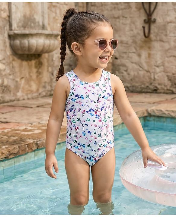 Babyhug V Cut Sleeveless Swimsuit Floral Print -Multicolour