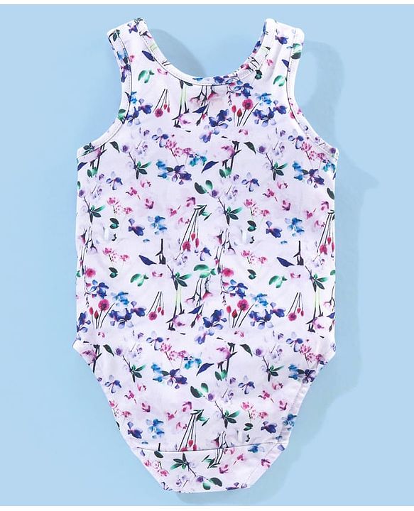 Babyhug V Cut Sleeveless Swimsuit Floral Print -Multicolour