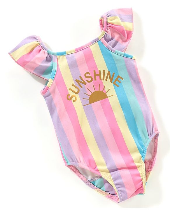 Babyhug V Cut Cap Sleeves Swimsuit Sun Print - Multicolour