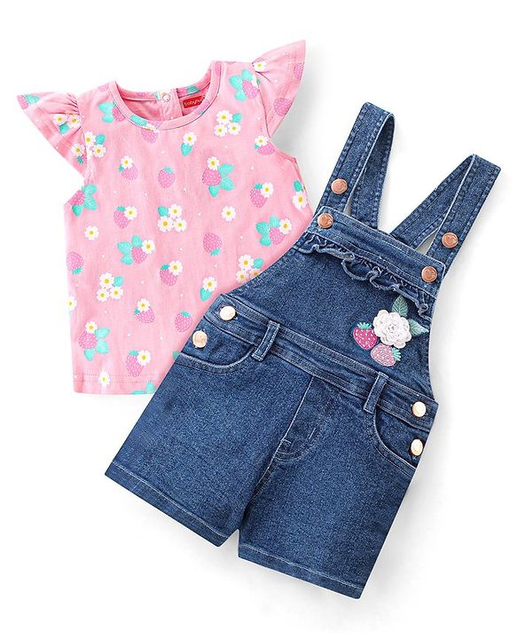 Babyhug Single Jersey Woven Half Sleeves Dungarees & Sets With Back Snap Buttons Strawberry Print - Pink & Blue