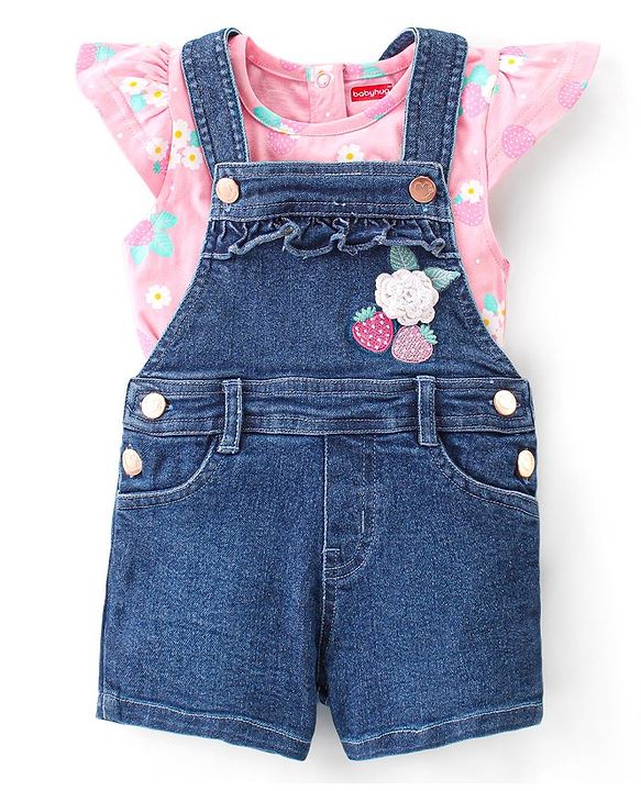 Babyhug Single Jersey Woven Half Sleeves Dungarees & Sets With Back Snap Buttons Strawberry Print - Pink & Blue