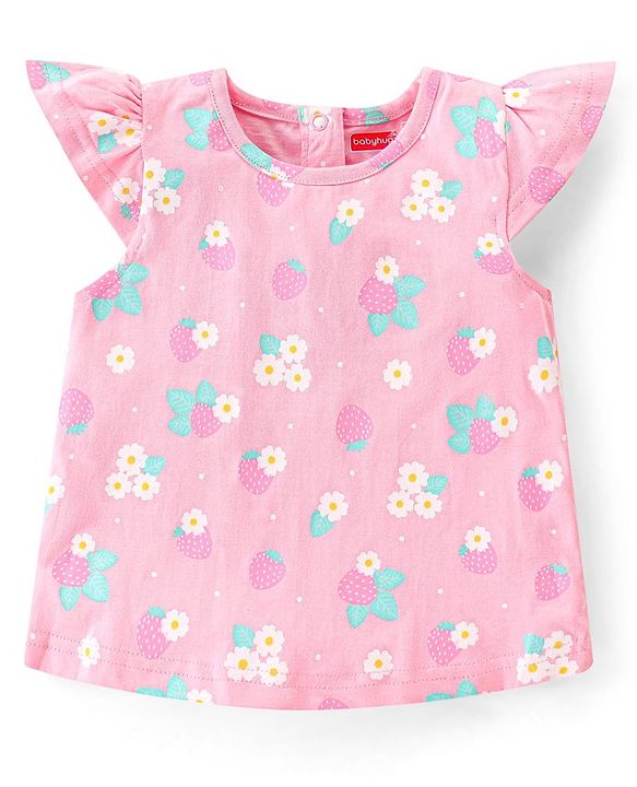 Babyhug Single Jersey Woven Half Sleeves Dungarees & Sets With Back Snap Buttons Strawberry Print - Pink & Blue