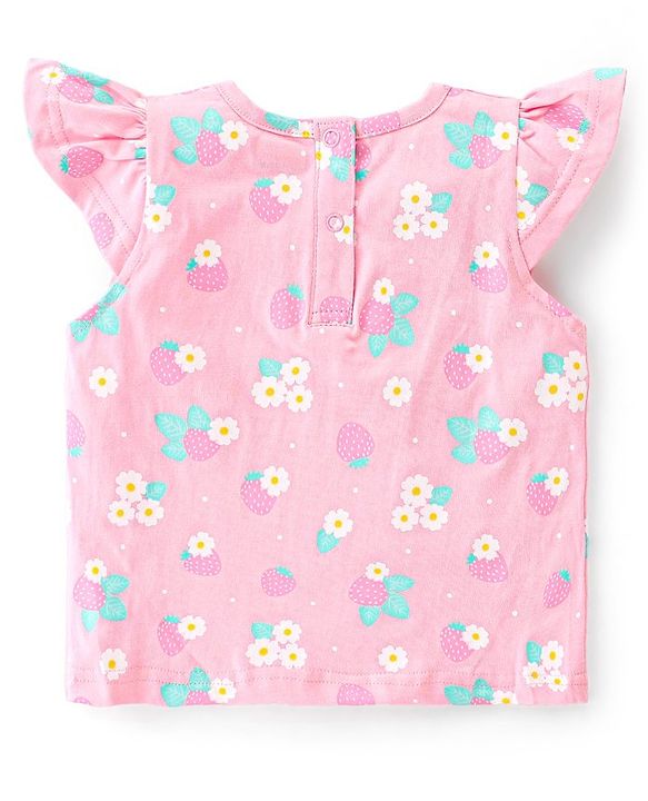 Babyhug Single Jersey Woven Half Sleeves Dungarees & Sets With Back Snap Buttons Strawberry Print - Pink & Blue