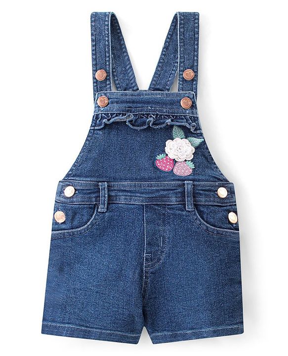 Babyhug Single Jersey Woven Half Sleeves Dungarees & Sets With Back Snap Buttons Strawberry Print - Pink & Blue