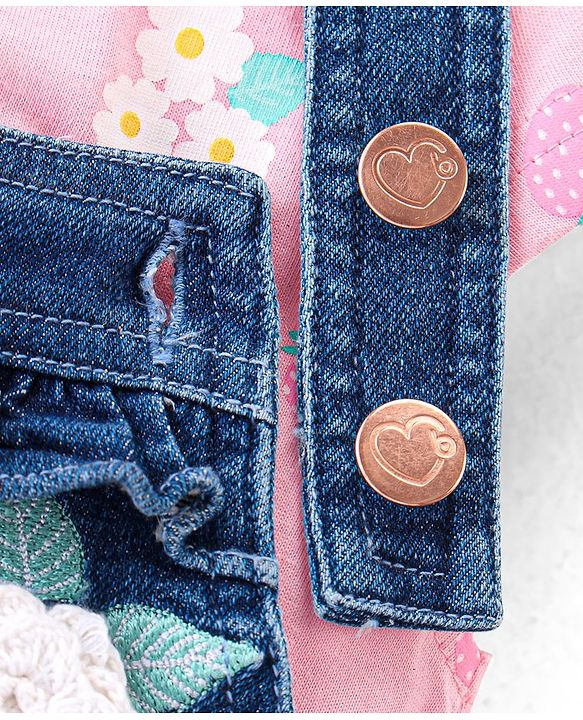 Babyhug Single Jersey Woven Half Sleeves Dungarees & Sets With Back Snap Buttons Strawberry Print - Pink & Blue