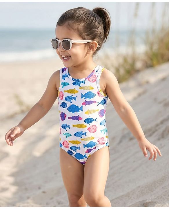 Babyhug V Cut Sleeveless Swimsuit Fish Print -White