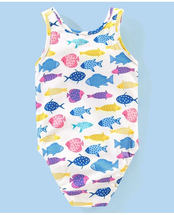 Babyhug V Cut Sleeveless Swimsuit Fish Print -White