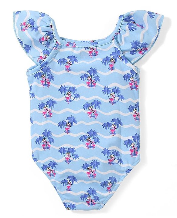 Babyhug Spandex Sleeveless V-Cut Beach Print Swimsuit - Blue