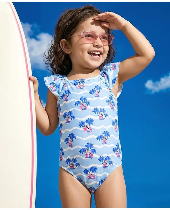 Babyhug Spandex Sleeveless V-Cut Beach Print Swimsuit - Blue