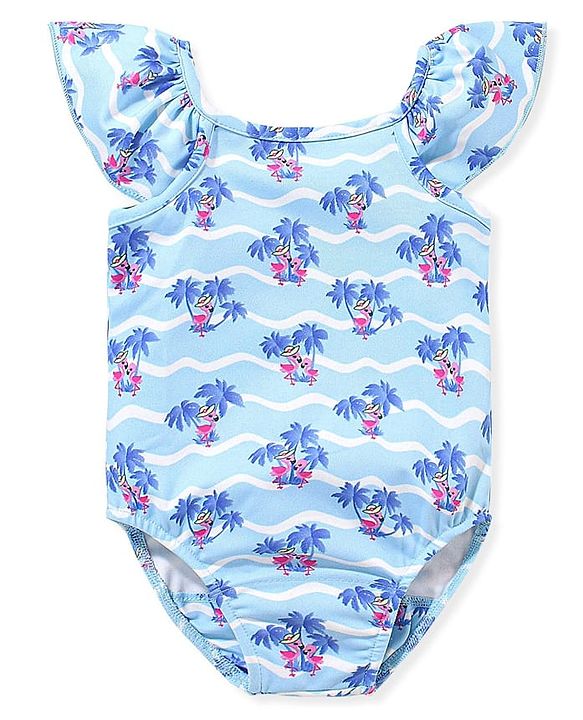 Babyhug Spandex Sleeveless V-Cut Beach Print Swimsuit - Blue