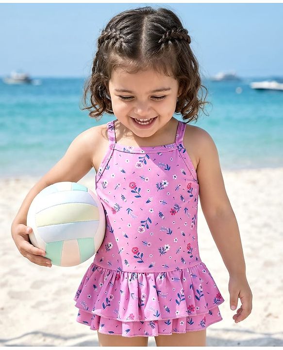 Babyhug V Cut Sleeveless Frock Style Swimsuit Floral Print - Pink