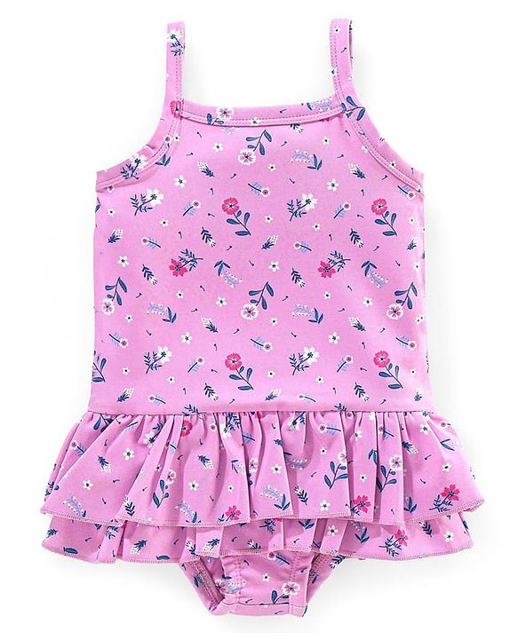 Babyhug V Cut Sleeveless Frock Style Swimsuit Floral Print - Pink