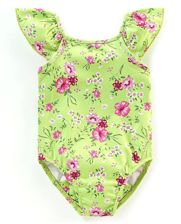 Babyhug V Cut Cap Sleeves Swimsuit Floral Print - Green