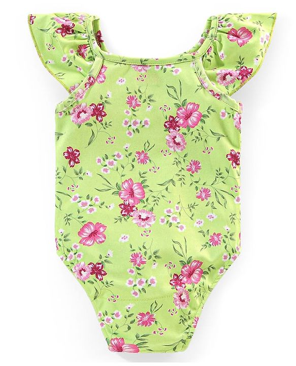 Babyhug V Cut Cap Sleeves Swimsuit Floral Print - Green