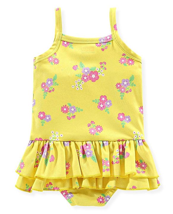 Babyhug V Cut Sleeveless Frock Style Swimsuit Floral Print - Yellow
