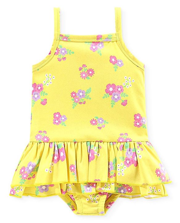 Babyhug V Cut Sleeveless Frock Style Swimsuit Floral Print - Yellow