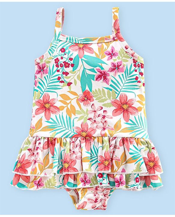 Babyhug V Cut Sleeveless Frock Style Swimsuit Floral Print - Multicolour
