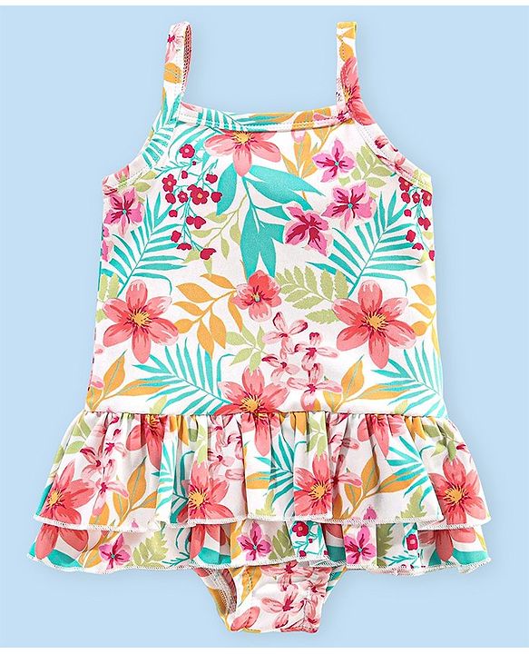 Babyhug V Cut Sleeveless Frock Style Swimsuit Floral Print - Multicolour