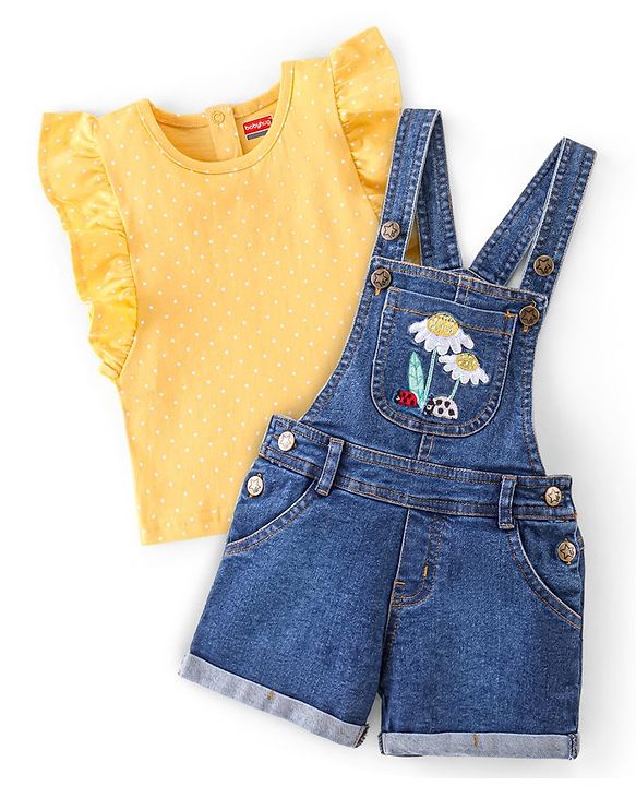 Babyhug 100% Cotton Woven Single Jersey Dungaree & Half Sleeves T-Shirt Set Floral Embroidery - Yellow & Blue