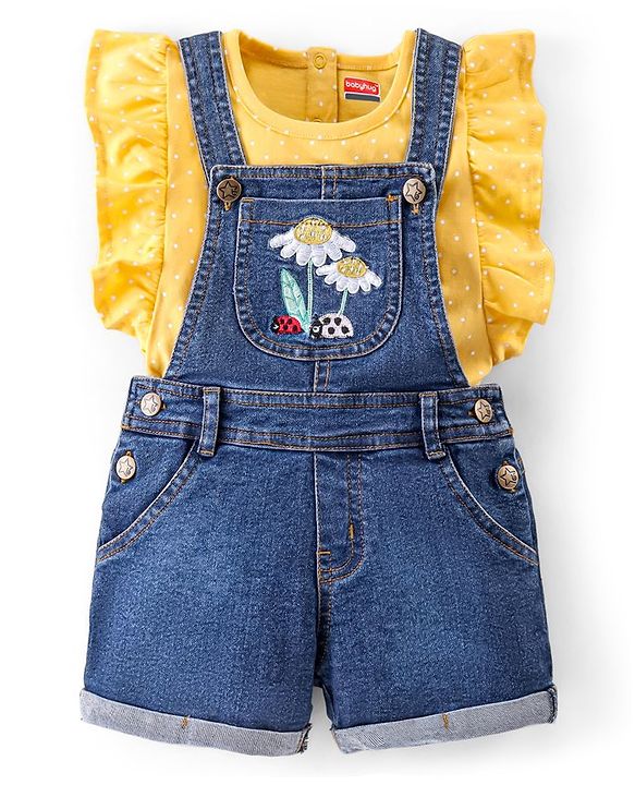 Babyhug 100% Cotton Woven Single Jersey Dungaree & Half Sleeves T-Shirt Set Floral Embroidery - Yellow & Blue