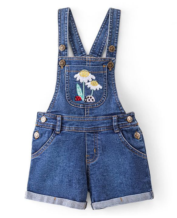 Babyhug 100% Cotton Woven Single Jersey Dungaree & Half Sleeves T-Shirt Set Floral Embroidery - Yellow & Blue