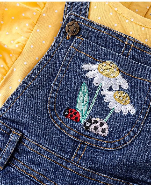 Babyhug 100% Cotton Woven Single Jersey Dungaree & Half Sleeves T-Shirt Set Floral Embroidery - Yellow & Blue