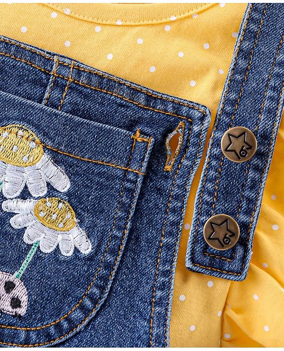 Babyhug 100% Cotton Woven Single Jersey Dungaree & Half Sleeves T-Shirt Set Floral Embroidery - Yellow & Blue