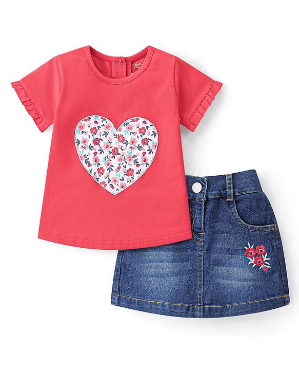 Babyhug 100% Cotton Knit Half Sleeves Top & Skirt With Floral Embroidery - Red & Blue