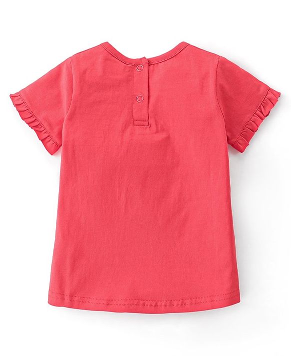 Babyhug 100% Cotton Knit Half Sleeves Top & Skirt With Floral Embroidery - Red & Blue