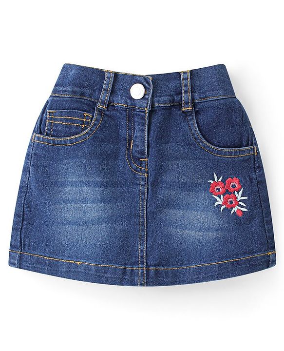 Babyhug 100% Cotton Knit Half Sleeves Top & Skirt With Floral Embroidery - Red & Blue