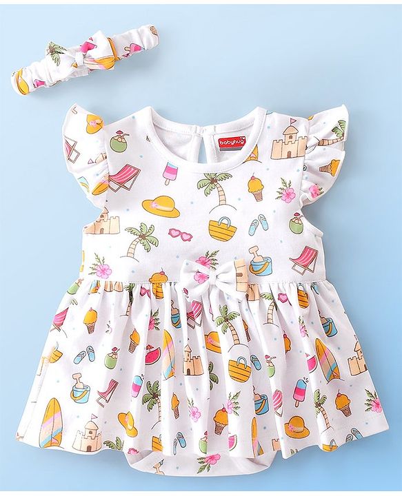 Babyhug 100% Cotton Knit Single Jersey Frill Sleeves Onesie with Headband Beach Theme Print - White