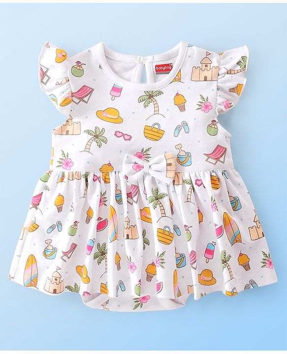 Babyhug 100% Cotton Knit Single Jersey Frill Sleeves Onesie with Headband Beach Theme Print - White