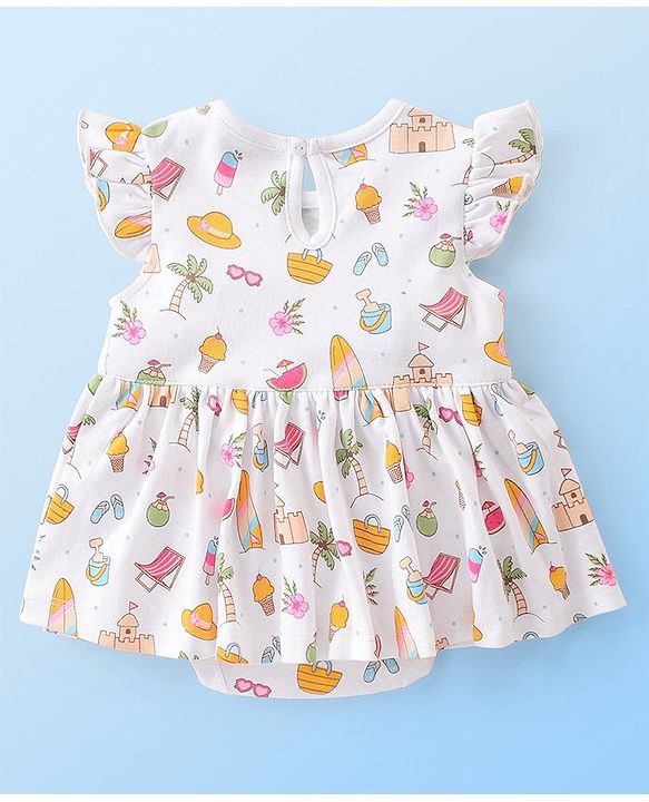 Babyhug 100% Cotton Knit Single Jersey Frill Sleeves Onesie with Headband Beach Theme Print - White