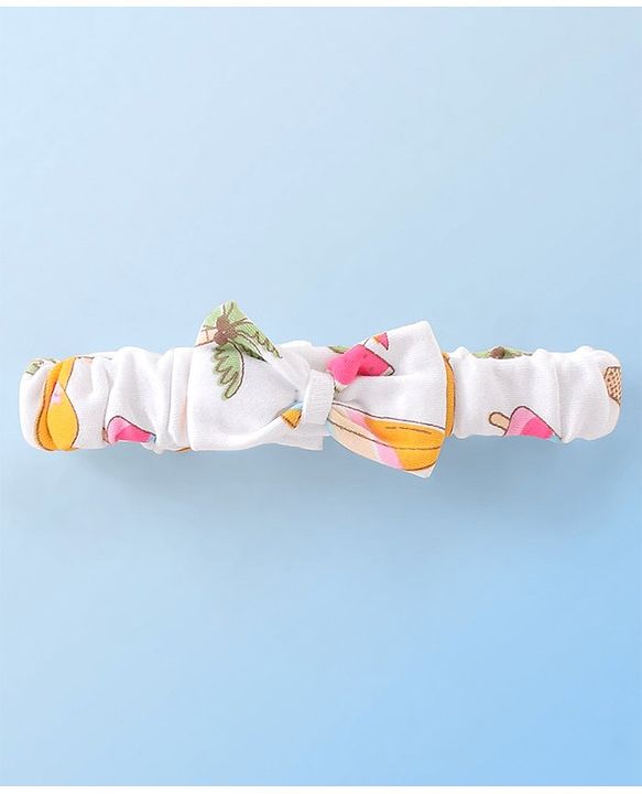 Babyhug 100% Cotton Knit Single Jersey Frill Sleeves Onesie with Headband Beach Theme Print - White
