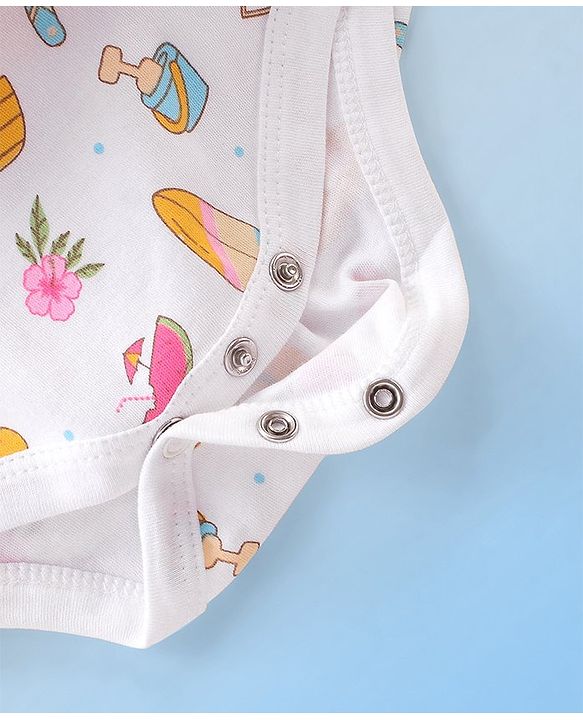 Babyhug 100% Cotton Knit Single Jersey Frill Sleeves Onesie with Headband Beach Theme Print - White