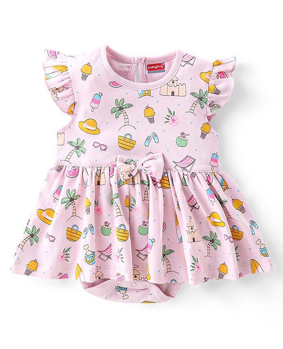 Babyhug 100% Cotton Single Jersey Knit Frill Sleeves Frock Style Onesie with Hairband Beach Theme - Pink