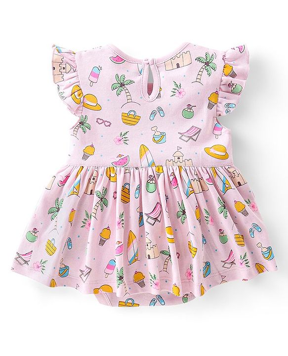 Babyhug 100% Cotton Single Jersey Knit Frill Sleeves Frock Style Onesie with Hairband Beach Theme - Pink