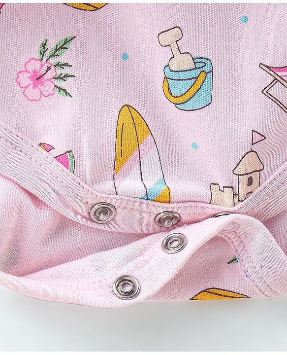 Babyhug 100% Cotton Single Jersey Knit Frill Sleeves Frock Style Onesie with Hairband Beach Theme - Pink