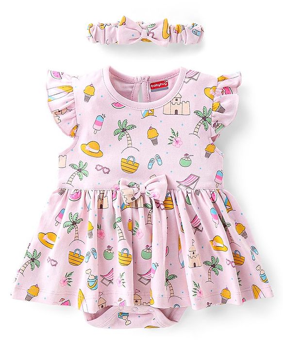 Babyhug 100% Cotton Single Jersey Knit Frill Sleeves Frock Style Onesie with Hairband Beach Theme - Pink