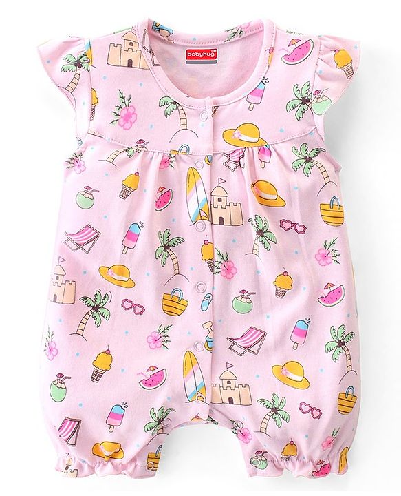 Babyhug 100% Cotton Knit Single Jersey Frill Sleeves Romper With Beach Theme Print - Pink